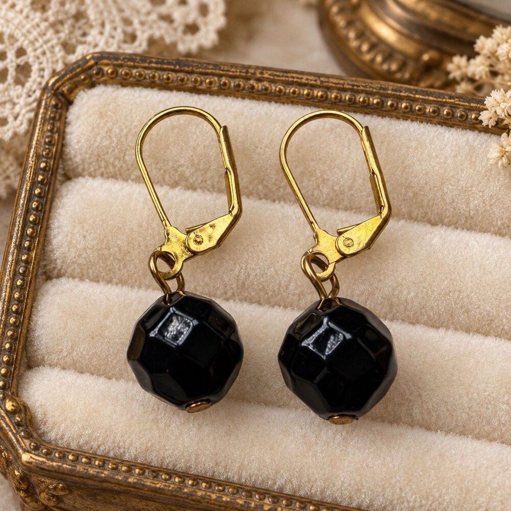 Vintage Black Faceted Bead Drop Earrings Gold Tone Leverback Classic Minimalist